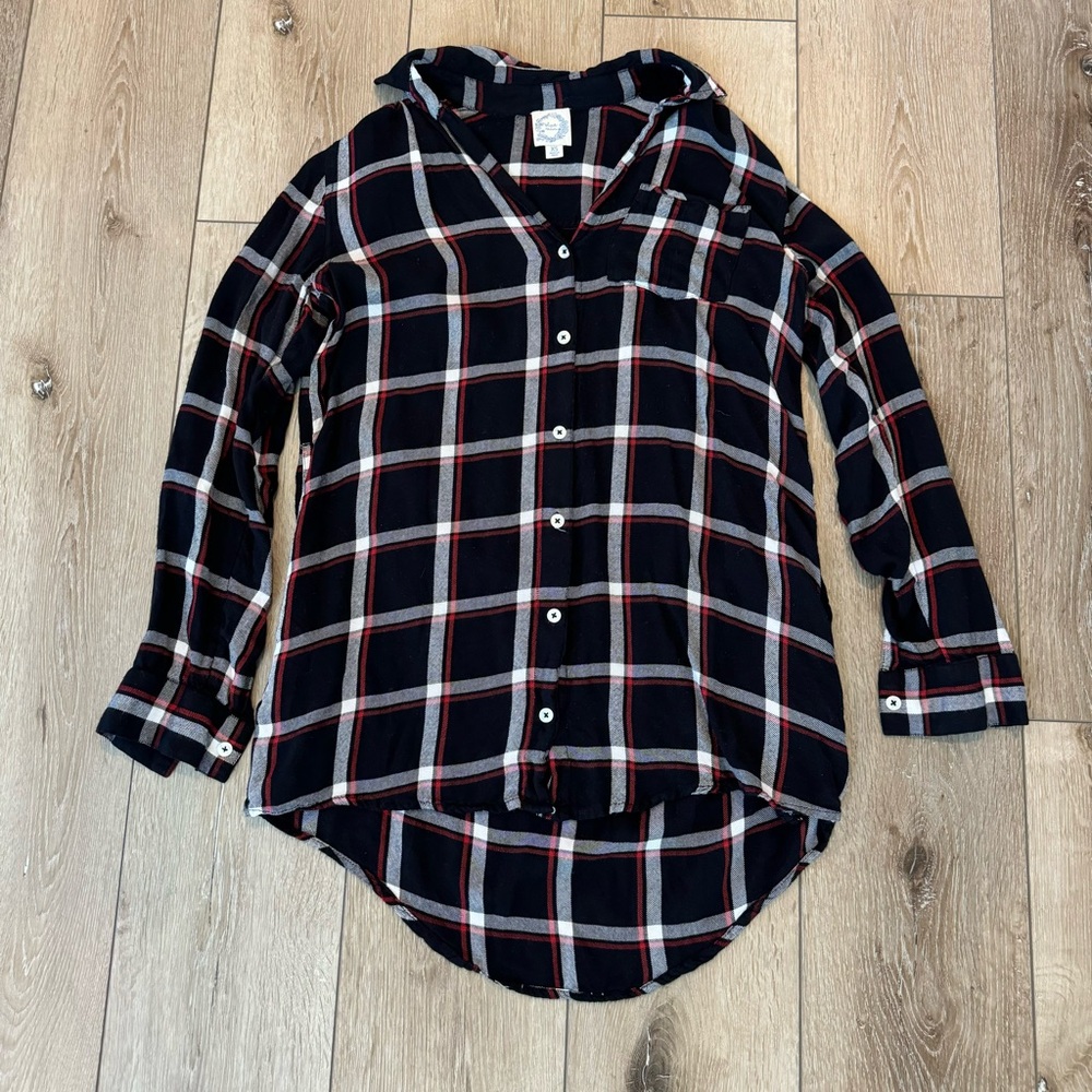 Blue Rain Softest Plaid Button Down Long Sleeve Oversized Top Black Red White XS